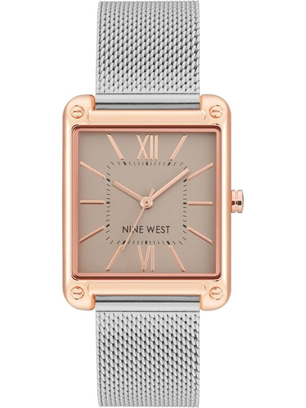 Nine West Women's Silver Rose Gold Analog Quartz Mesh Rectangular Bracelet Watch
